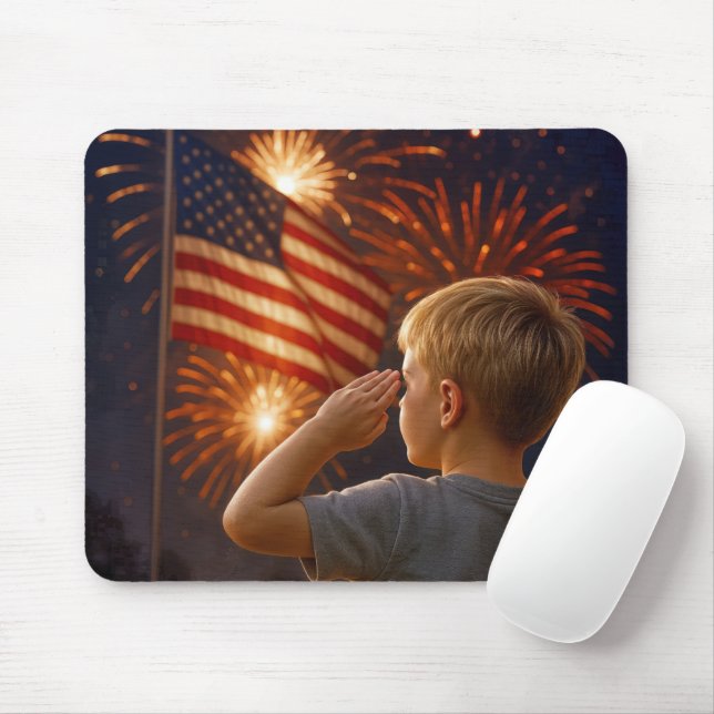 Tapis De Souris Un jeune garçon saluant le drapeau américain (Avec souris)