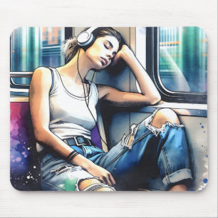 Tapis De Souris Une femme qui dort dans le métro à écouter de la m