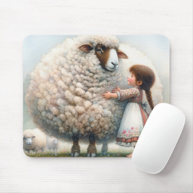 Tapis De Souris Une fille qui embrasse une grande brebis (Avec souris)