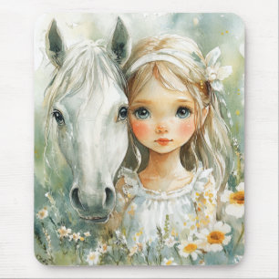 Tapis De Souris Une petite fille avec un cheval