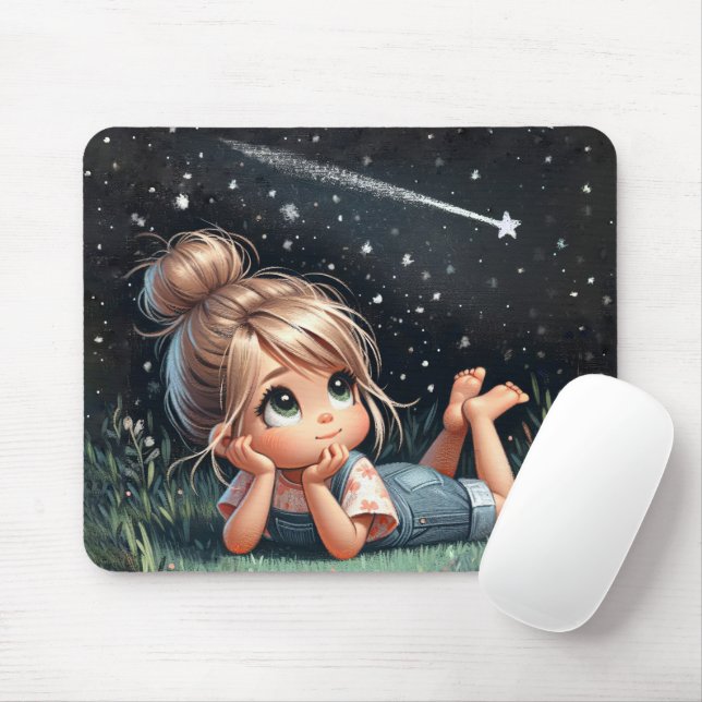 Tapis De Souris Une petite fille regarde une étoile filante (Avec souris)