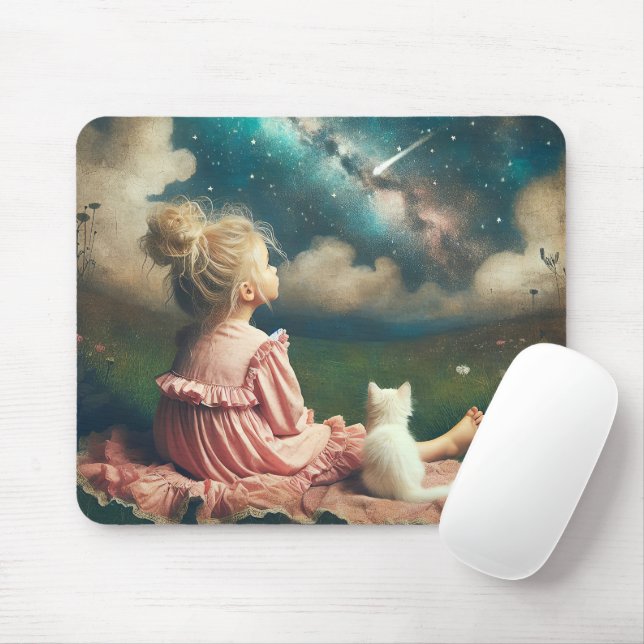 Tapis De Souris Une petite fille regarde une étoile filante (Avec souris)