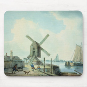 Tapis De Souris Une scène de rivage avec des moulins à vent et
