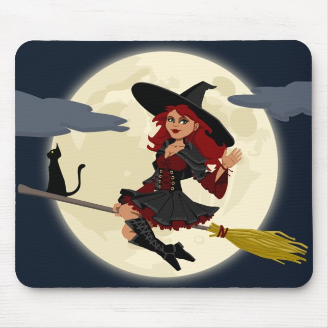 Tapis De Souris Une sorcière d'halloween conviviale sur le balai e (Devant)