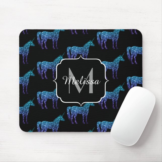 Tapis De Souris Unicorn Sparkles aqua blue ombre motif Monogramme (Avec souris)