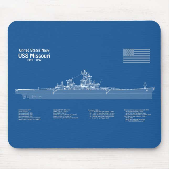 Tapis De Souris USS Missouri - Plan de plan d'expédition ABD (Devant)