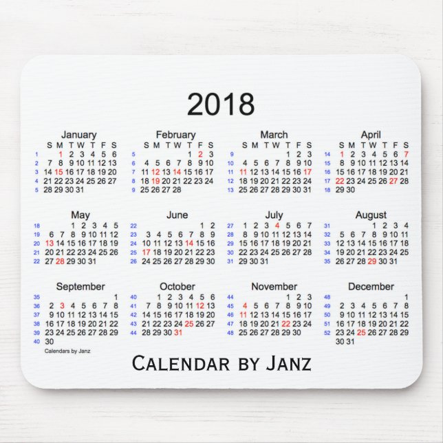 Tapis De Souris Vacances 2018 calendrier blanc de 52 semaines par (Devant)