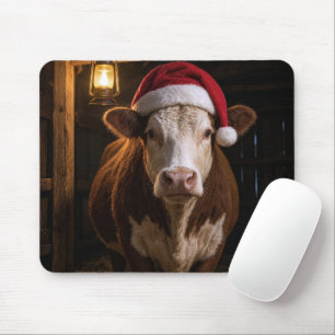 Tapis De Souris Vache Hereford de Noël dans une grange