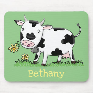 Tapis De Souris Vache mignonne en vert dessin animé sur le terrain