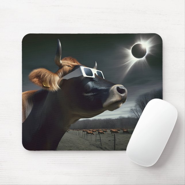 Tapis De Souris Vache Regardant L'Éclipse Solaire Totale (Avec souris)