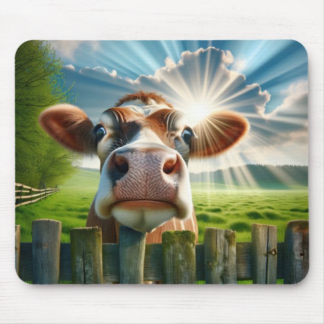 Tapis De Souris Vache Whimsical Qui Peigne Sur La Clôture (Devant)