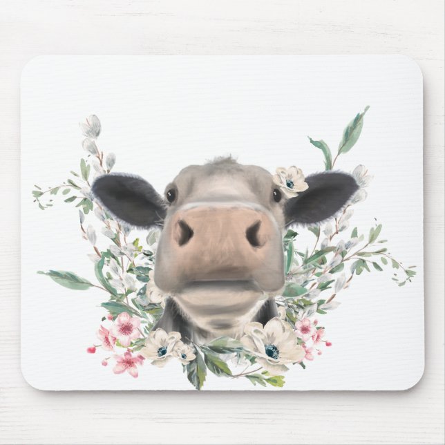 Tapis De Souris vaches nez baiser fleurs aquarelle gris animal de  (Devant)