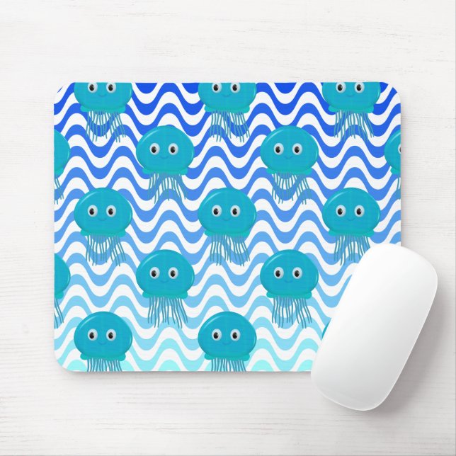 Tapis De Souris Vagues Bleues Déclinantes Et Motif De Méduse (Avec souris)