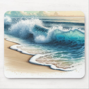 Tapis De Souris Vagues de l'océan déferlantes Plage côtière rustiq