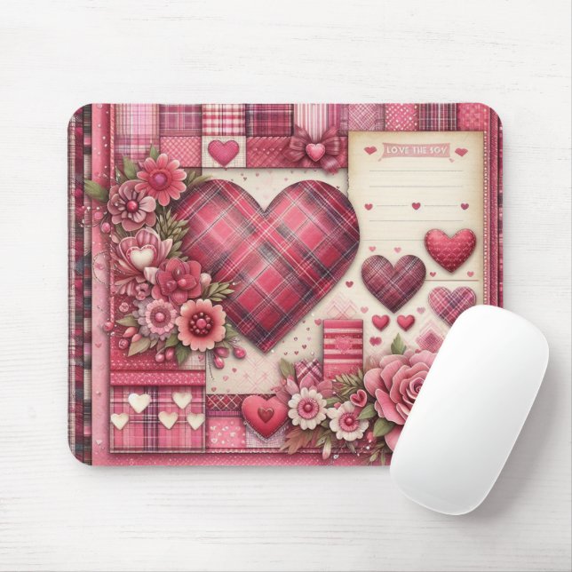 TAPIS DE SOURIS VALENTINES PINK PLAID COEURS ET FLEURS (Avec souris)