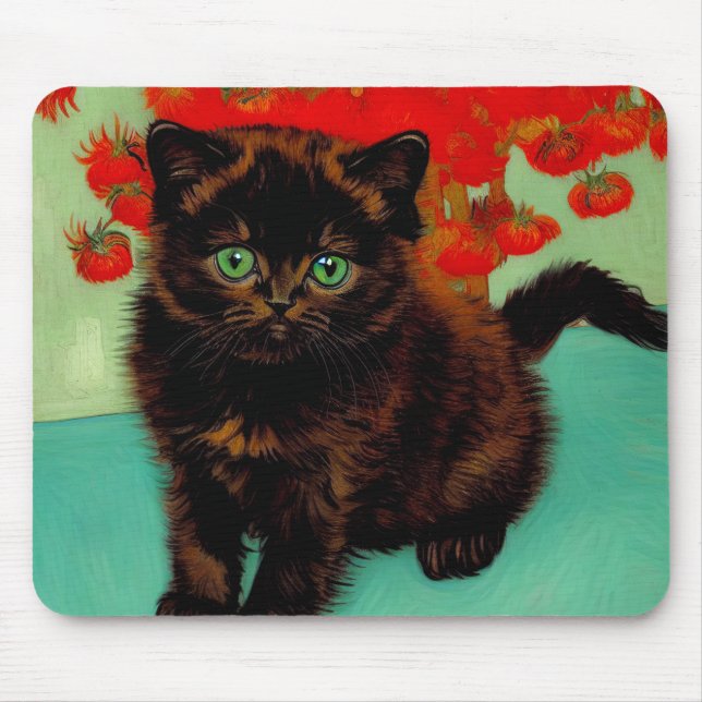 Tapis De Souris Van Gogh Chat noir Fleurs rouges (Devant)
