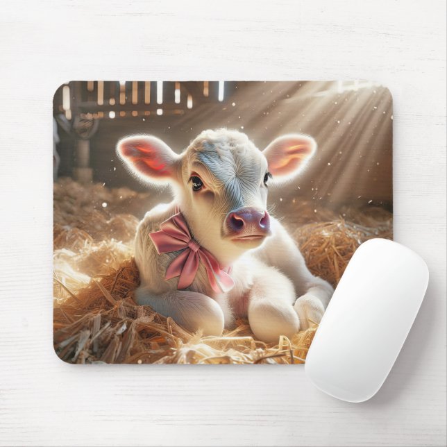 Tapis De Souris Veau Bébé Blanc Dans Le Stall De Grange (Avec souris)