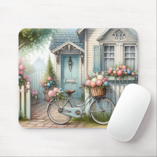 Tapis De Souris Vélo de chalet bleu avec panier à fleurs de printe