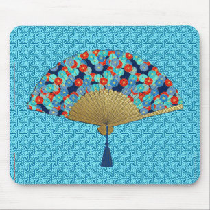 Tapis De Souris Ventilateur déco - Fleurs en Cobalt, Turquoise et
