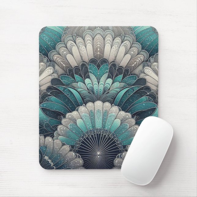 Tapis De Souris Ventilateurs Art Nouveau bleu et argent (Avec souris)
