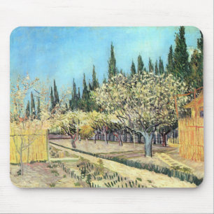 Tapis De Souris Verger en fleurs de Van Gogh bordé de cyprès
