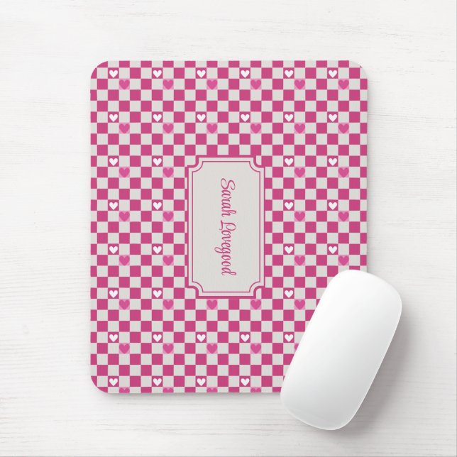 Tapis De Souris Vérificateurs et coeurs roses (Avec souris)