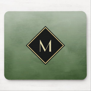 Tapis De Souris Vert Brossé Élégant Avec Monogramme Or Simple