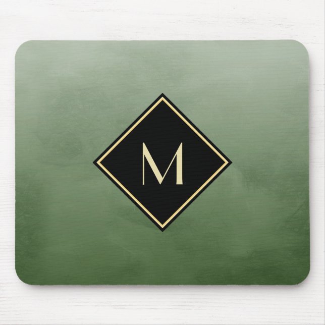 Tapis De Souris Vert Brossé Élégant Avec Monogramme Or Simple (Devant)