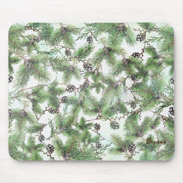 Tapis De Souris Vert de Noël & Cônes de Pin Campagne Hiver Rustiqu (Devant)