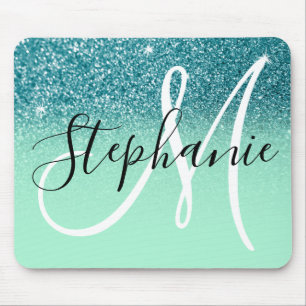 Tapis De Souris Vert menthe et monogramme scintillant ombré paille