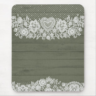 Tapis De Souris Vert sauge Bois rustique et dentelle blanche Ferme