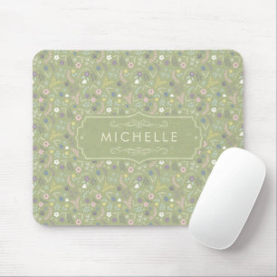 Tapis De Souris Vert sauge Fleurs roses et blanches Motif floral b