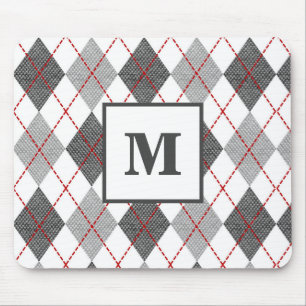Tapis De Souris Vichy à carreaux argent rouge gris monogramme