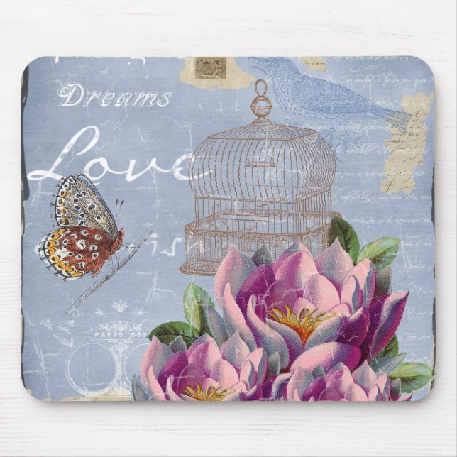 Tapis De Souris Victorian Love Thoughts Dreams Butterfly Bird Cage (Devant)