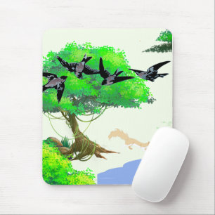 Tapis De Souris Vie forestière printanière avec oiseaux et écureui