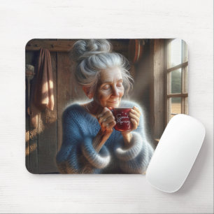 Tapis De Souris Vieille Dame Douce Avec Café Du Matin