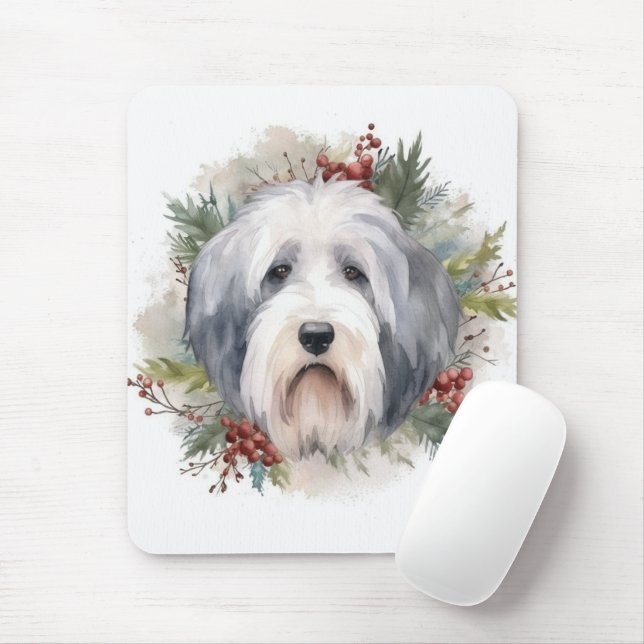 Tapis De Souris Vieux anglais Sheepdog Christmas Wreath Festive Pu (Avec souris)