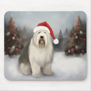 Tapis De Souris Vieux chien de berger anglais à Noël sous la neige