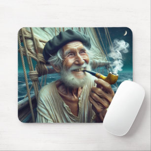 Tapis De Souris Vieux marin sur un voilier Fumer un tuyau