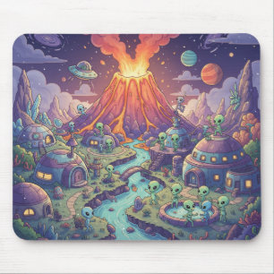 Tapis De Souris Village extraterrestre au crépuscule