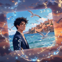 Ville côtière bleu vif d'esthétique d'anime
