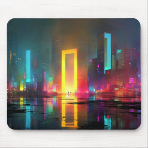 Tapis De Souris Ville futuriste avec portail néon radieux