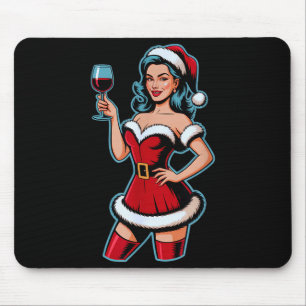 Tapis De Souris Vin de Noël Santa Fille Fête de Fêtes Drôle de Vin