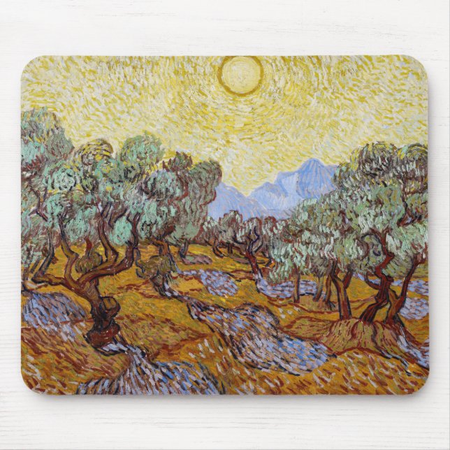 Tapis De Souris Vincent van Gogh - Oliviers, Ciel Jaune et Soleil (Devant)