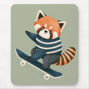 Tapis De Souris Vintage Panda Roux Mignon Faisant du Skateboard