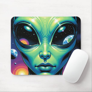 Tapis De Souris Visage Alien avec des planètes Réflexions dans les