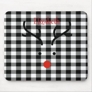 Tapis De Souris Visage de renne fantaisiste carreaux plaid noir bu