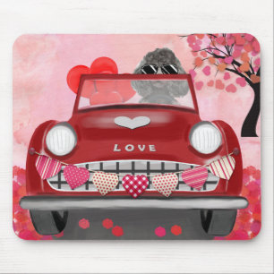Tapis De Souris Voiture de chien caniche avec coeurs Saint-Valenti