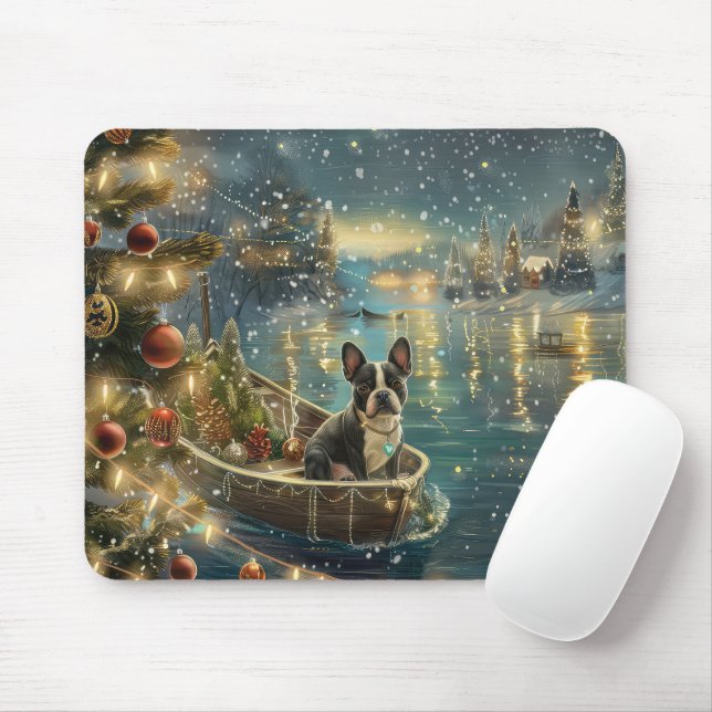 Tapis De Souris Voyage de fête de Noël de Boston Terrier (Avec souris)
