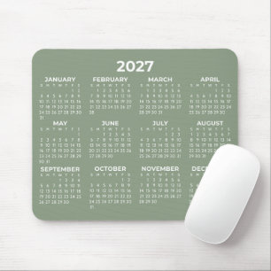 Tapis De Souris Vue annuelle Calendrier 2027 Élégant Vert Sauge